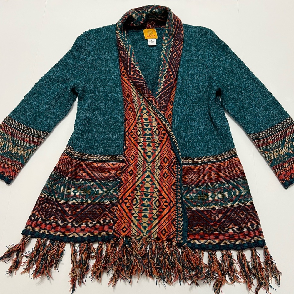 Ruby Rd. Teal Open-Front Cardigan with Multicolor Aztec Trim - Picture 6 of 8